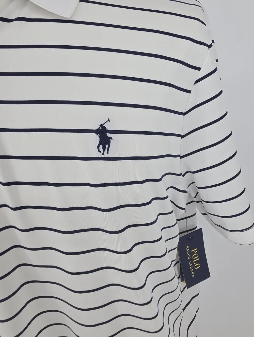 Polo Ralph Lauren Performance Polo Shirt Mens L White Navy Stripe NWT Golf